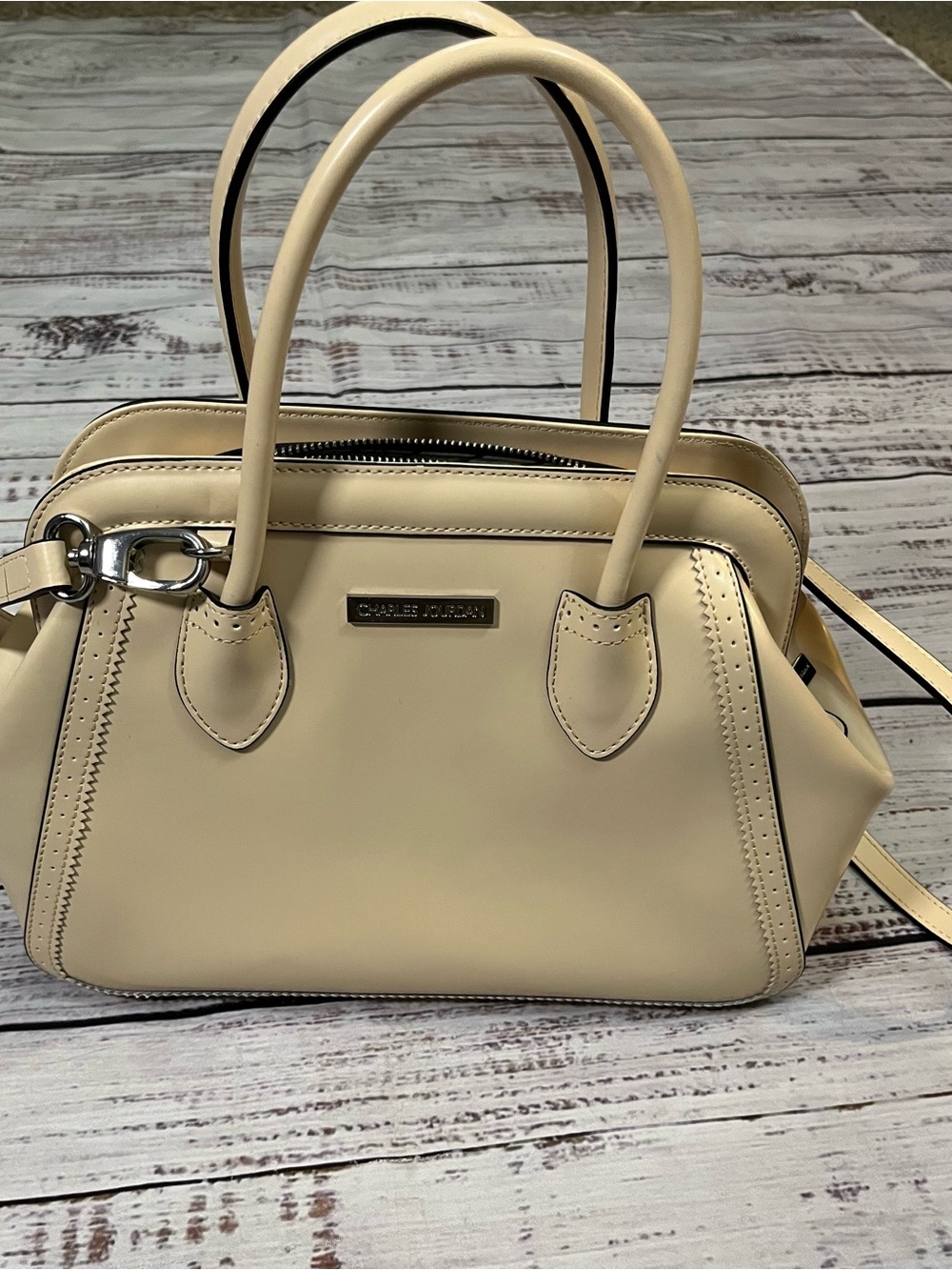 Charles Jourdan Beige Leather Satchel Crossbody Shoulder bag with Top Handles